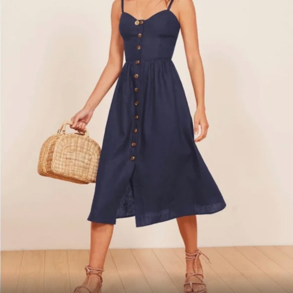 Reformation Thelma linen dress in navy